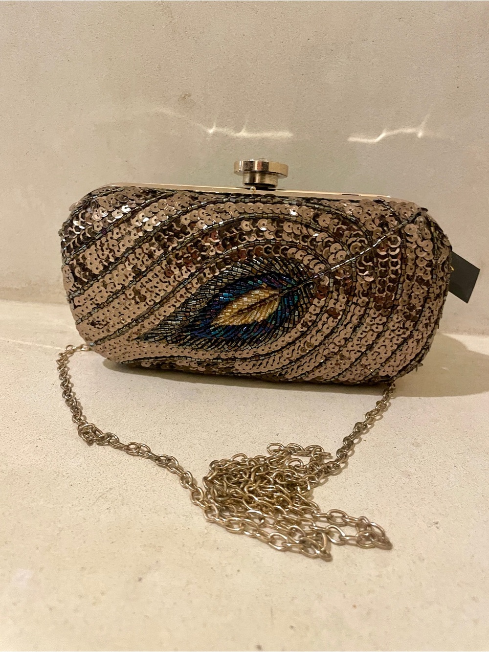 Bebe sequins and beaded clutch